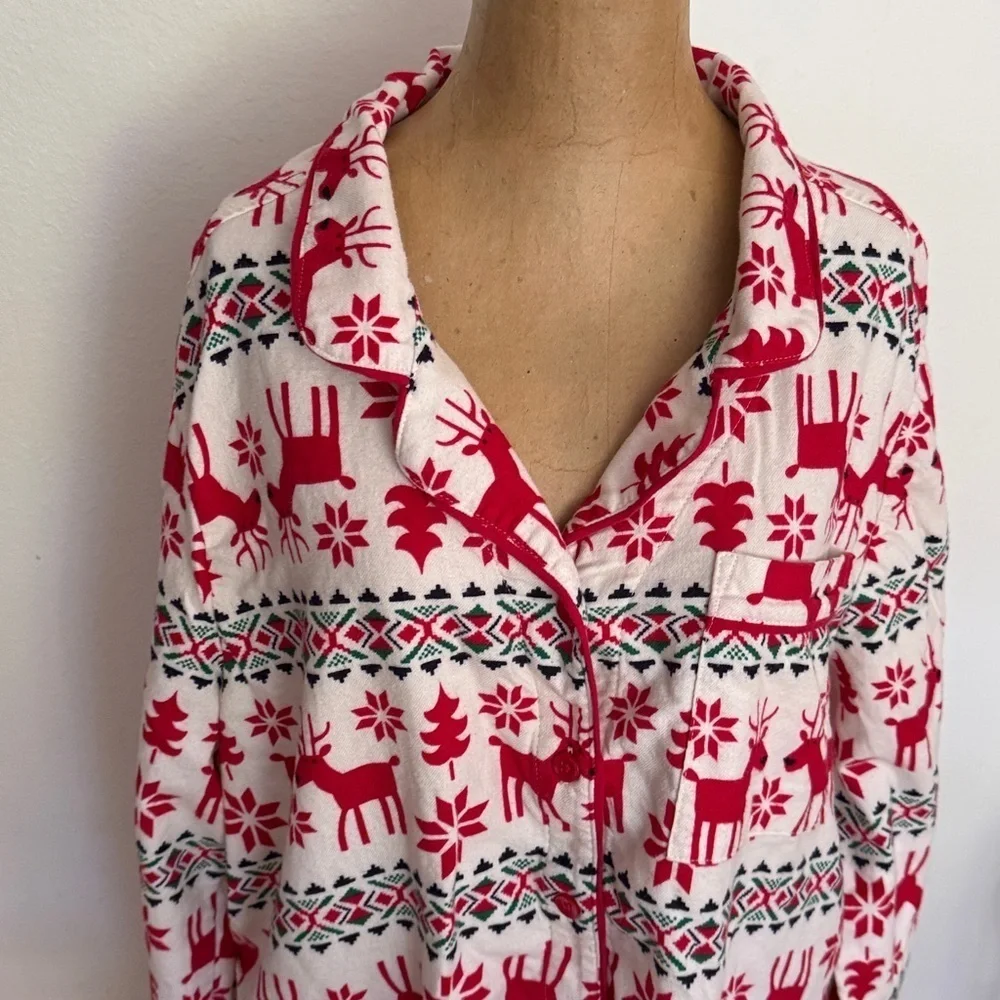 Hanna Andersson sz XL cotton Red and White Reindeer Pajama Top night gown VGUC